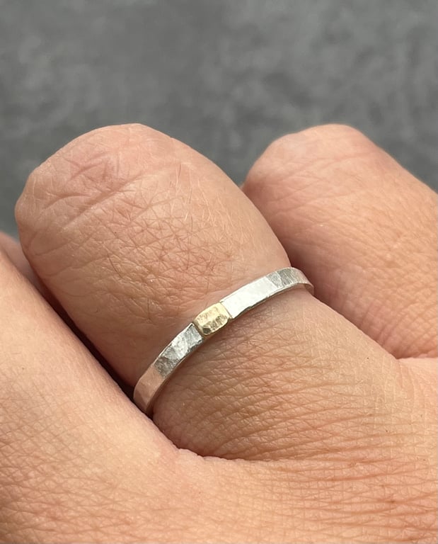 Gold and Silver Band, hammered narrow band, gold top band, 