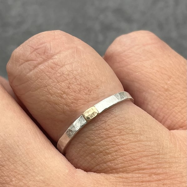 Gold and Silver Band, hammered narrow band, gold top band, 