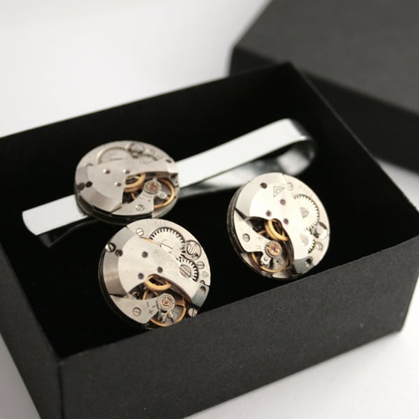 Steampunk Cufflinks and Tie Bar Gift Set, Elegant Gifts for Dapper Men