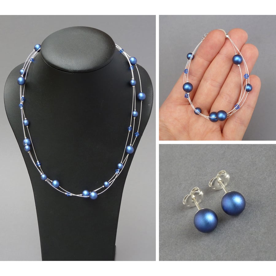 Royal Blue Floating Pearl Jewellery Set - Dark Blue Multi-strand Jewellery Gifts