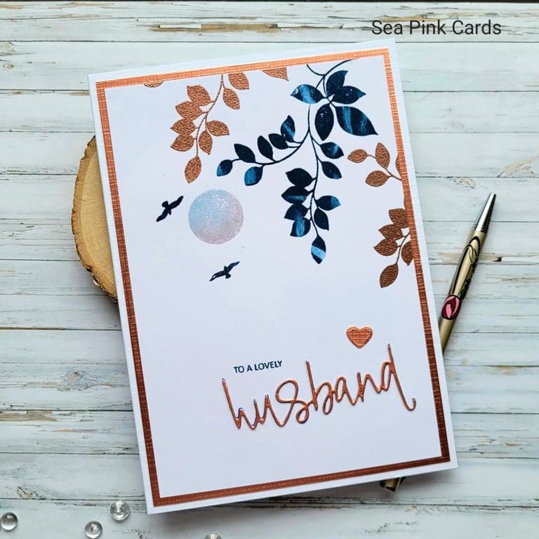 Husband Birthday Card - leaves, branches, heart, copper, navy, birthday message