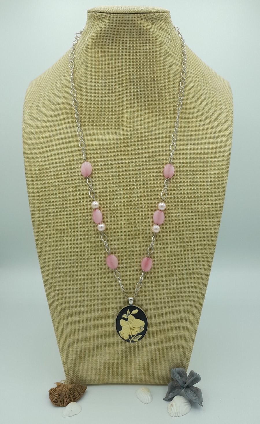 Pink morganite and butterfly cameo necklace