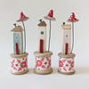 Little House on a Vintage Wood Bobbin with Clay Toadstool Scandi Christmas