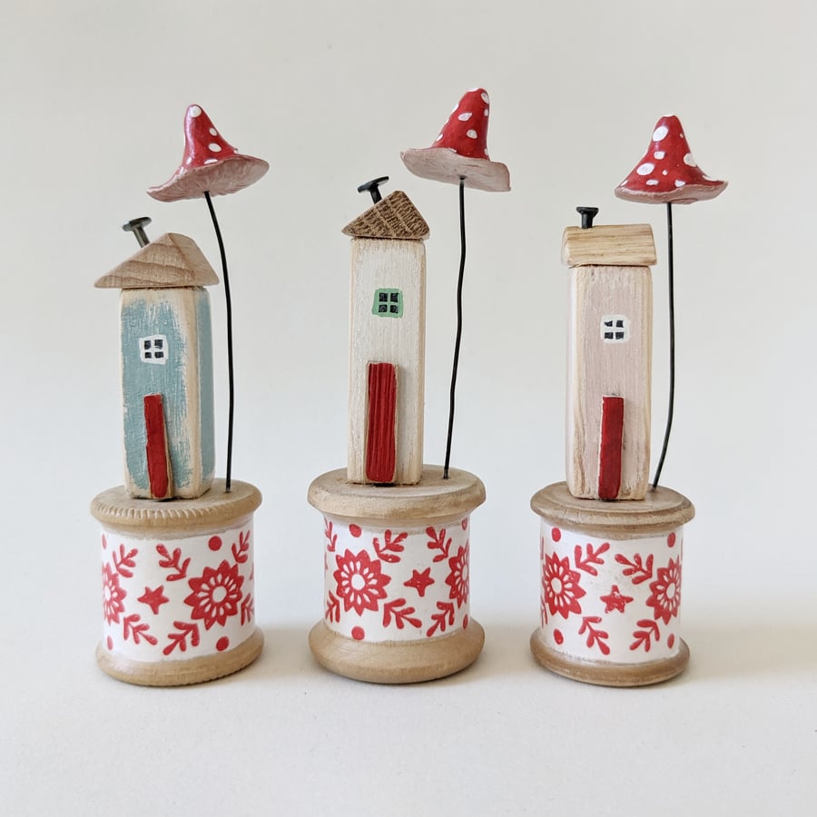 Little House on a Vintage Wood Bobbin with Clay Toadstool Scandi Christmas