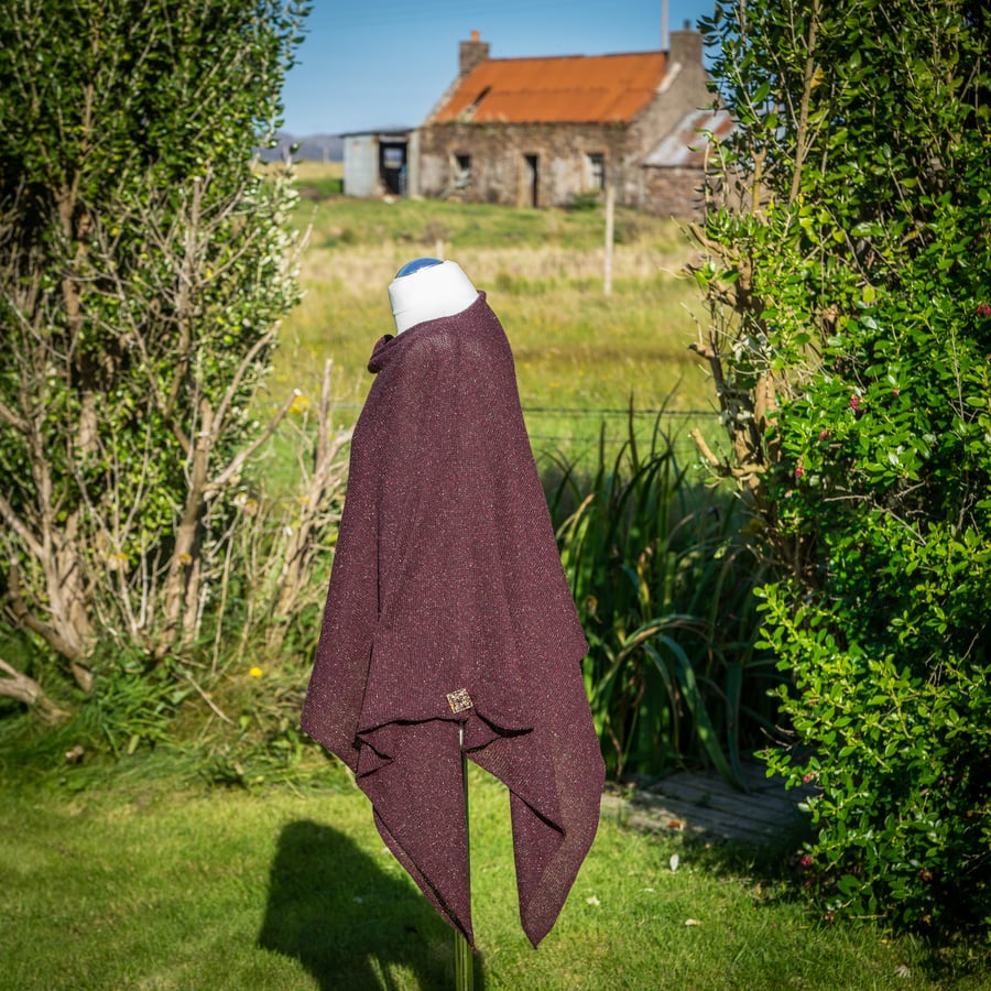 Highland Merino Silk Wine Tweed Asymmetric Poncho. Womens burgundy poncho.