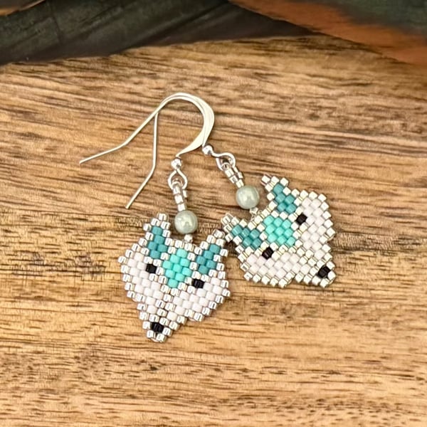 Geometric arctic fox beadwork earrings