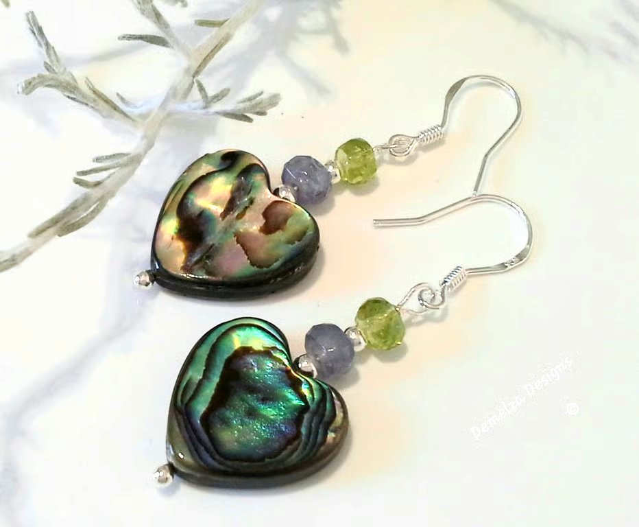 Large Abolone Shell Hearts,  Tanzanite & Peridot Sterling Silver Earrings