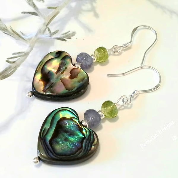 Large Abolone Shell Hearts,  Tanzanite & Peridot Sterling Silver Earrings