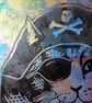 Pirate Cat One off Hand-Pulled Linocut & Gelli Print Blue - Image 4