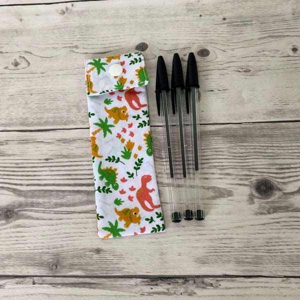 Fabric Pen Holder Pouch: White Dinosaurs