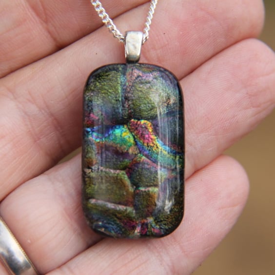 Handmade rainbow textured dichroic glass pendant fused glass necklace SKU F20