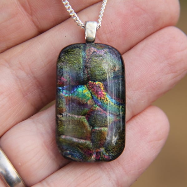 Handmade rainbow textured dichroic glass pendant fused glass necklace SKU F20