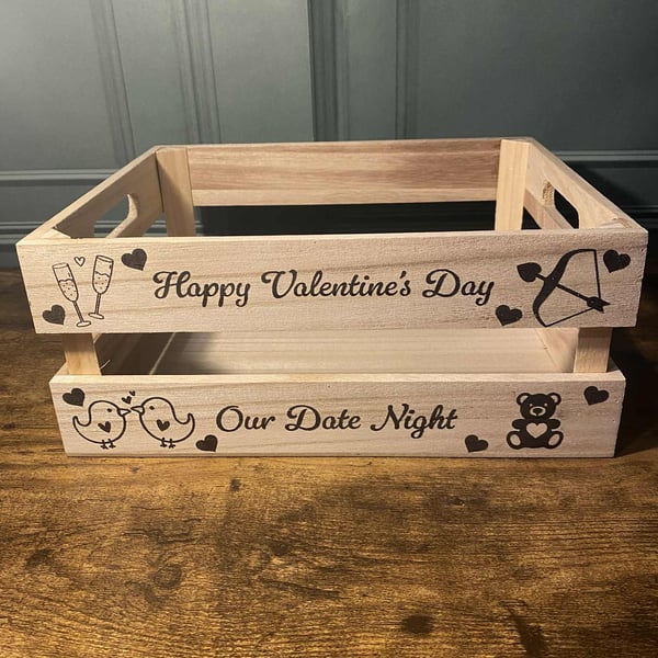 Personalised Valentine’s Date Night Wooden Crate - Hand Burned Keepsake Gift