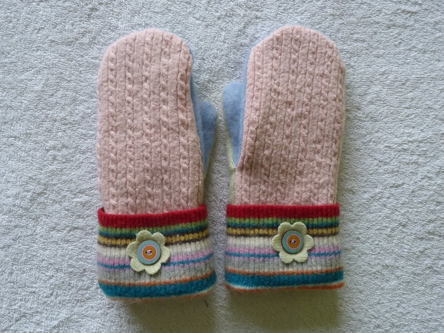 Mittens Created from Up-cycled Wool Jumpers. Fully Lined. Pink Cable.Stripe Cuff