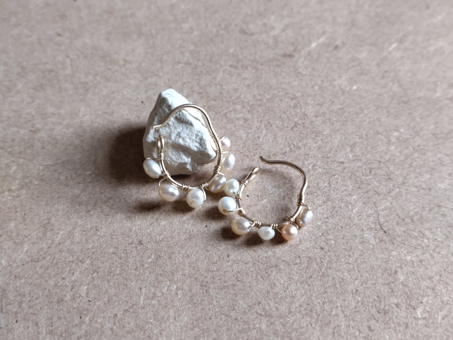 Gold hoop earrings wrapped with vintage freshwater pearls