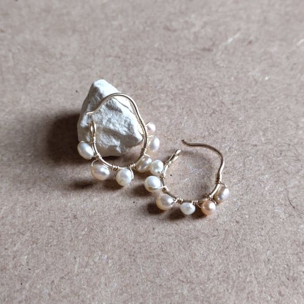 Gold hoop earrings wrapped with vintage freshwater pearls