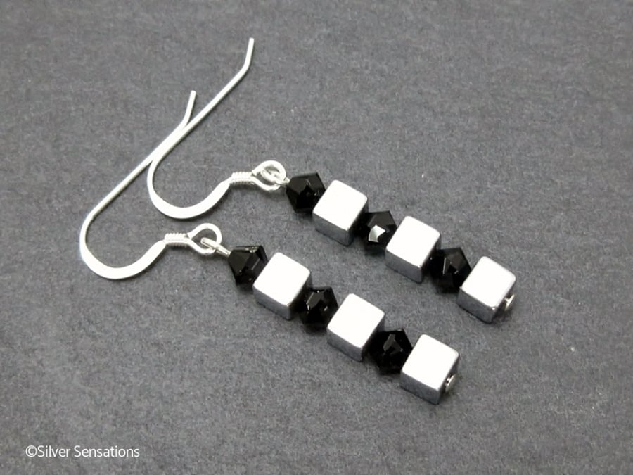 Silver Hematite Cube Earrings With Black Swarovski Crystals, Unique Design