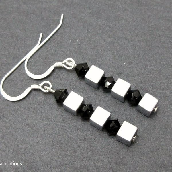Silver Hematite Cube Earrings With Black Swarovski Crystals, Unique Design