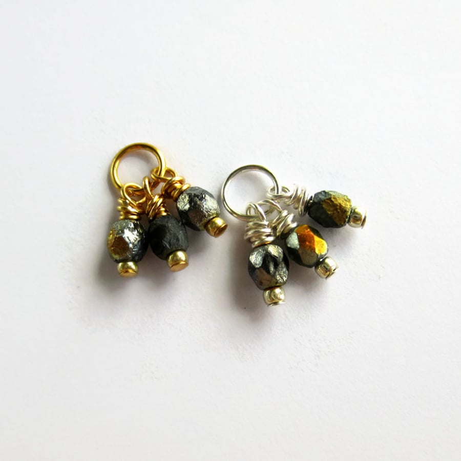 Czech Glass Triple Cluster Charm - Black and Gold
