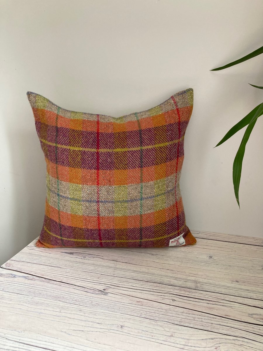 Orange and Purple check Harris Tweed cushion cover 16 inches x 16 inches 