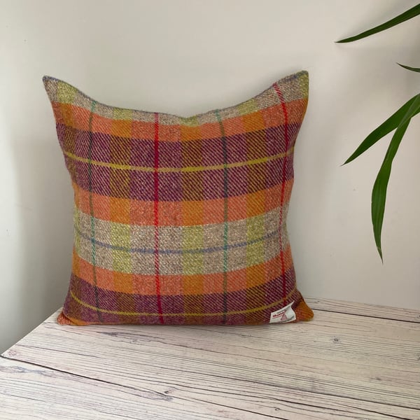 Orange and Purple check Harris Tweed cushion cover 16 inches x 16 inches 