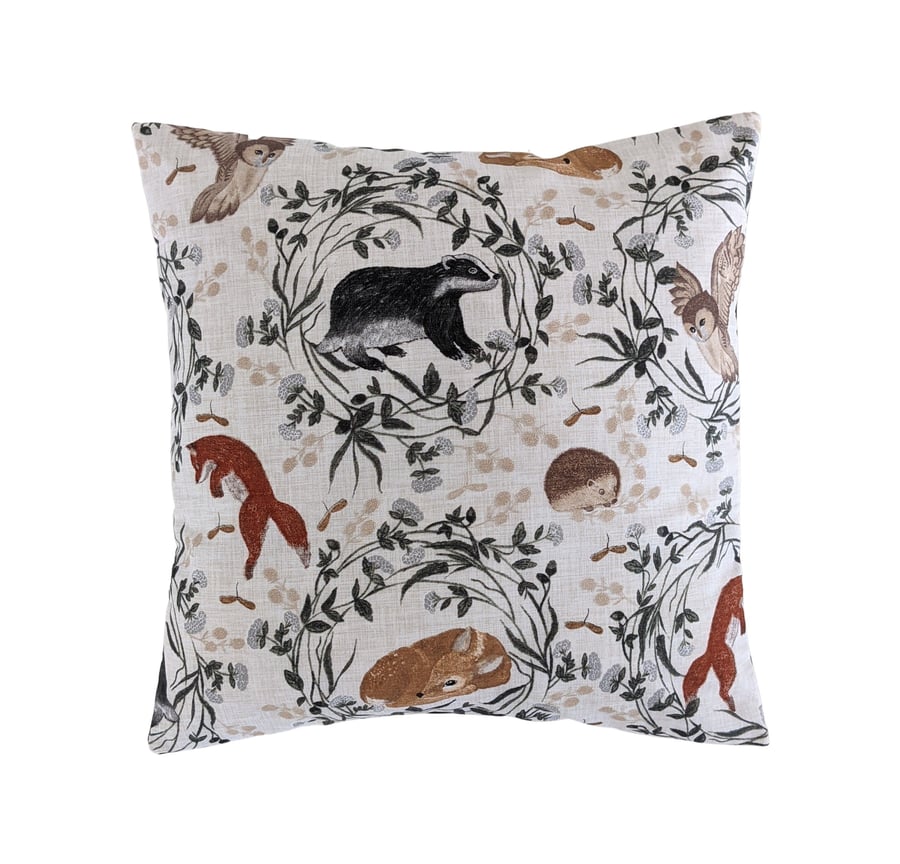 Cushion Cover in Woodland Animals Print 16" Fox Badger Hedgehog Deer