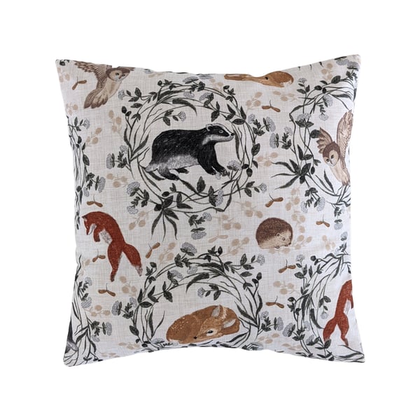 Cushion Cover in Woodland Animals Print 16" Fox Badger Hedgehog Deer