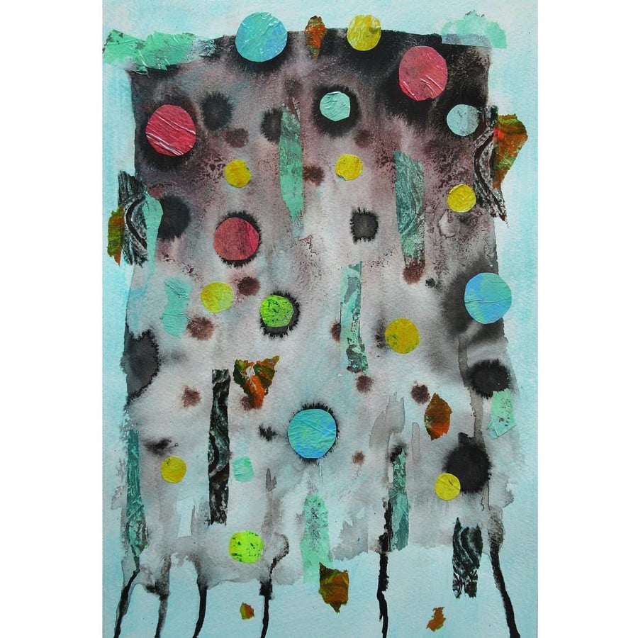 Grey Blue Abstract Painting Modern Minimal Minimalist StyleInk Collage Artwork