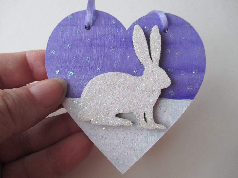 Christmas Decoration Bunny Rabbit Hanging Heart Snow Bunny Purple White