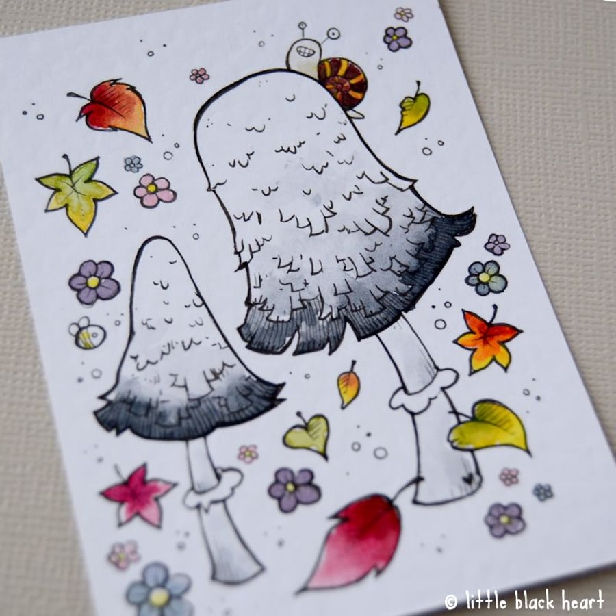 shaggy ink cap toadstools - original aceo