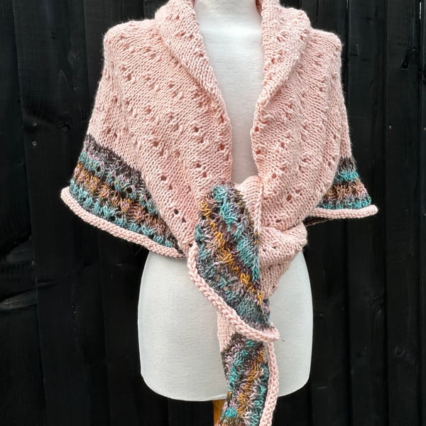 Blush pink and Golden Feldspar Handknitted Lace Triangle Shawl Wrap Scarf