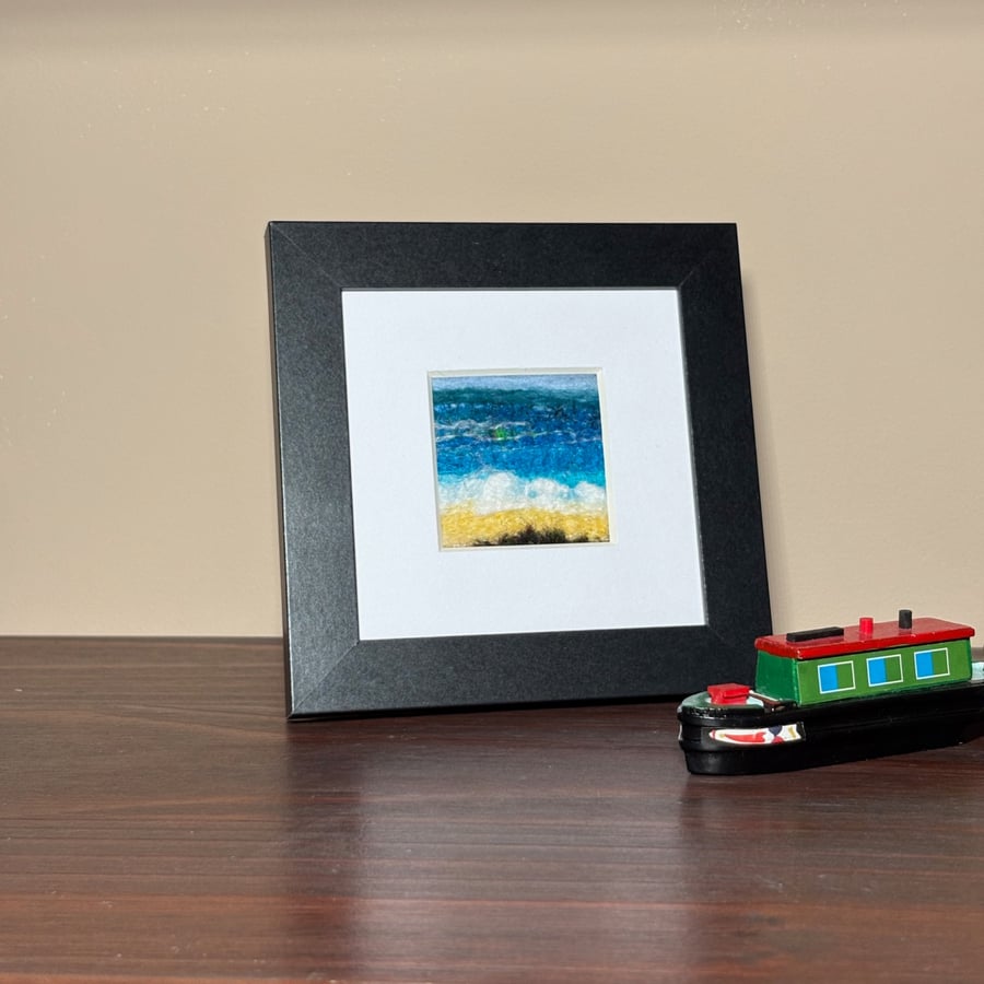 Textile Art, Framed needle felted picture, 4"x4", seascape
