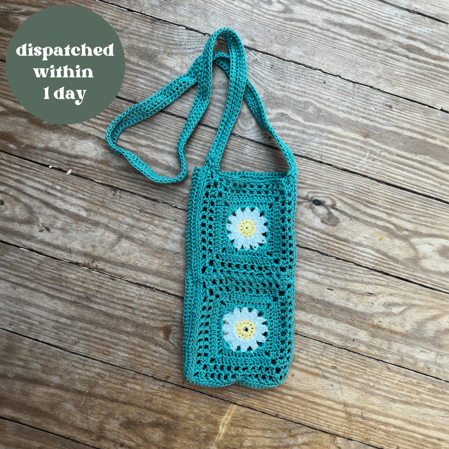 Handmade Daisy Crochet Bottle Bag - Jade Green