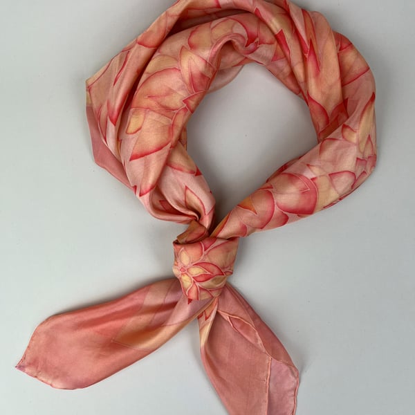 Nersin in Coral- handmade square silk scarf, with hand-painted florals in orange
