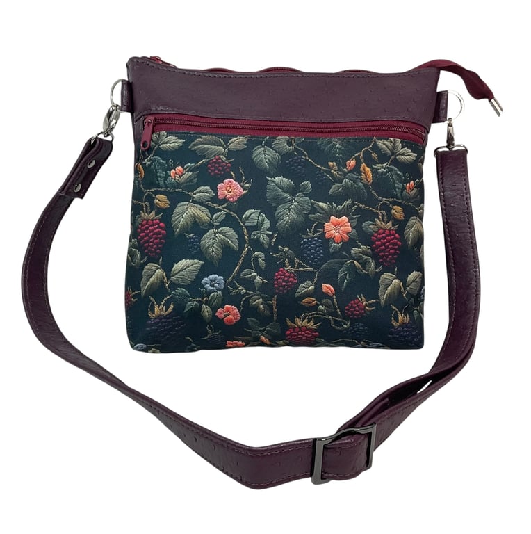 Handbag in faux Leather and floral bramble fabric, raspberry and blackberry fuit