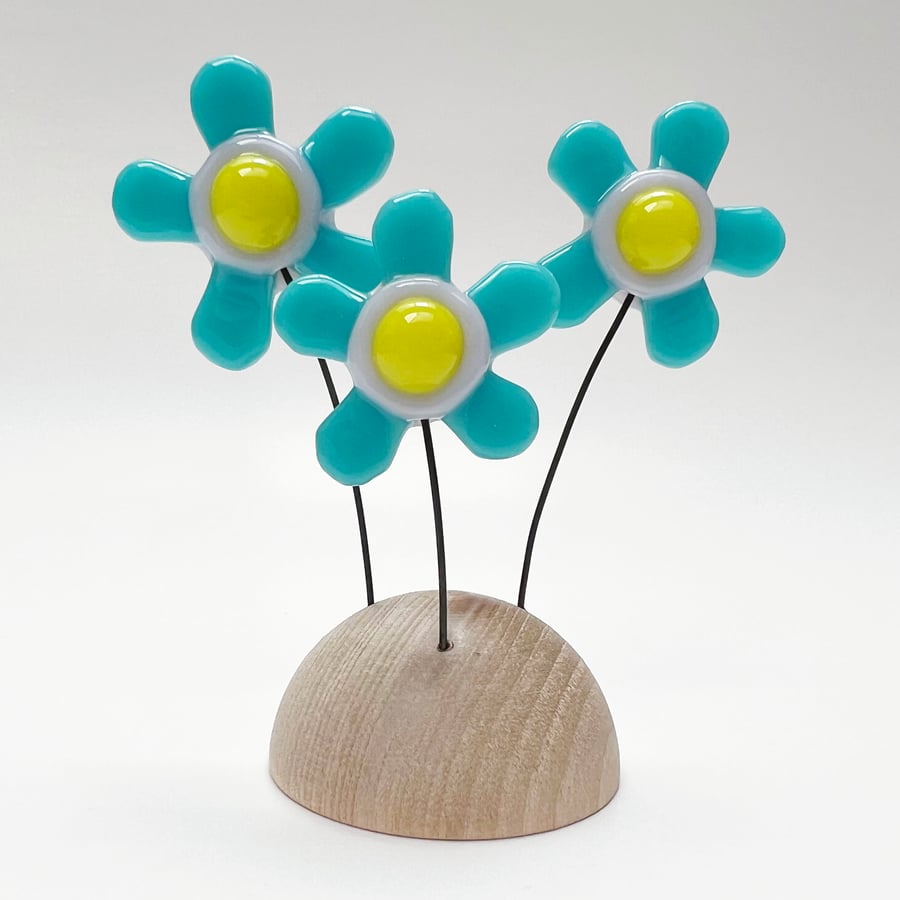 Fused Glass Happy Hippy Flowers (Turquoise 1) - Handmade Fused Glass Sculpture