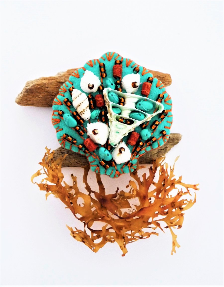 Beside The Seaside Theme -  Sea Shell Handmade Felt Brooch - Turquoise