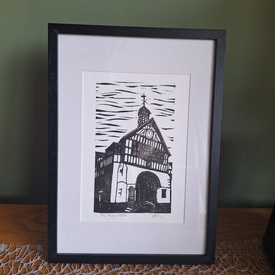 'The Town Hall.' Original handprinted linocut print. 