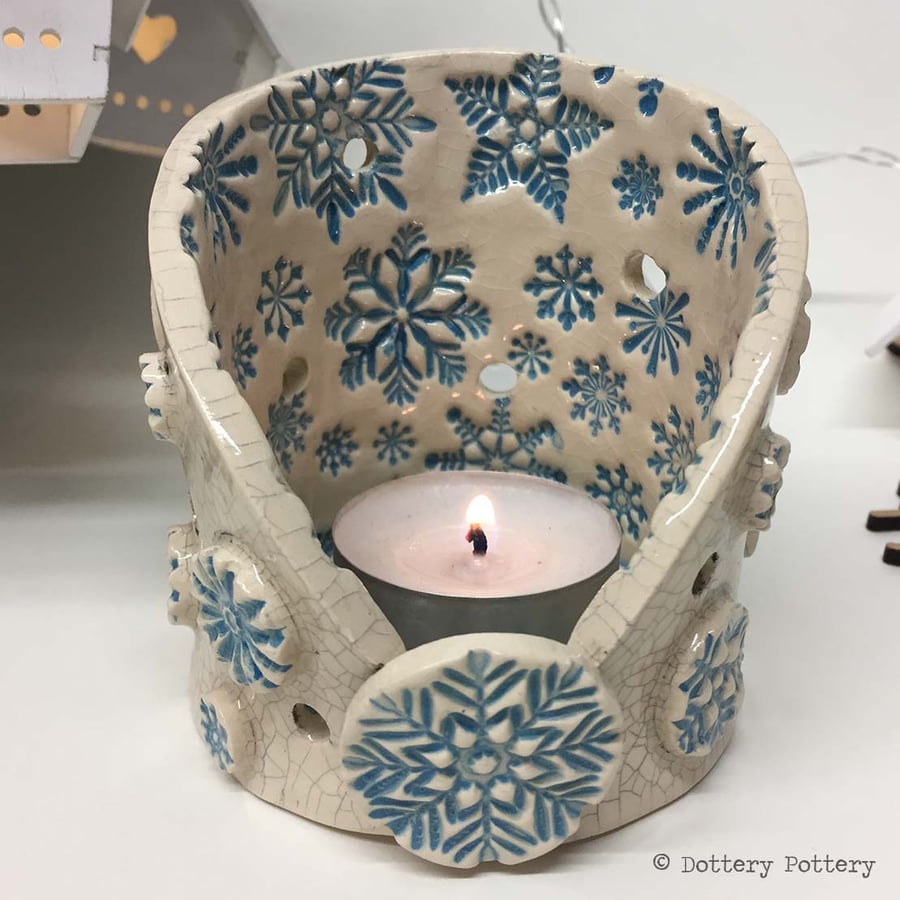 Ceramic candle holder pottery candle dish Let it Snow Christmas decoration 