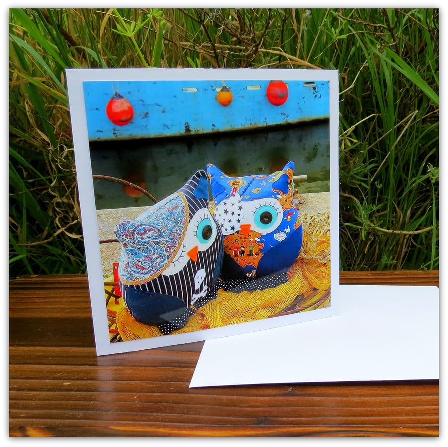 Pirate owls, harbour edge.  A card left blank for your own message.
