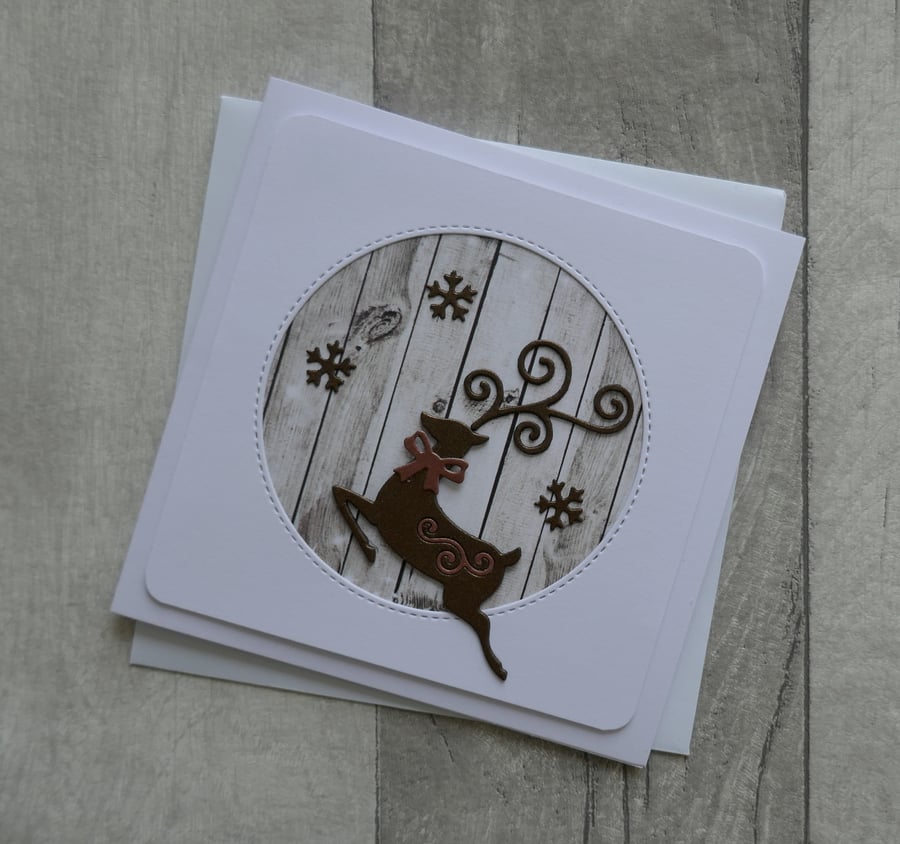 Brown Elegant Reindeer with Wood Background - Christmas Card