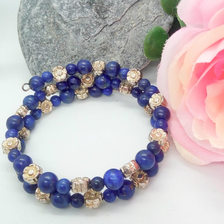 Lapis Lazuli and Silver Plated Flower Spacers Cuff Bracelet, Gift for Her