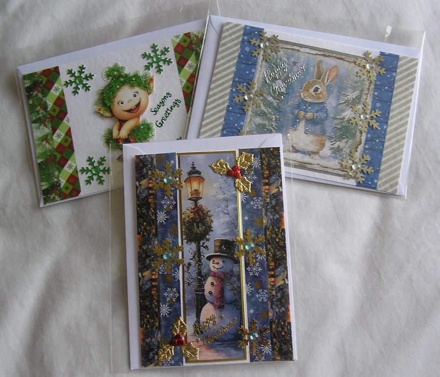 Set of 3 (Three) Beautiful Hand-Crafted Christmas Decoupage Greeting Cards (q)