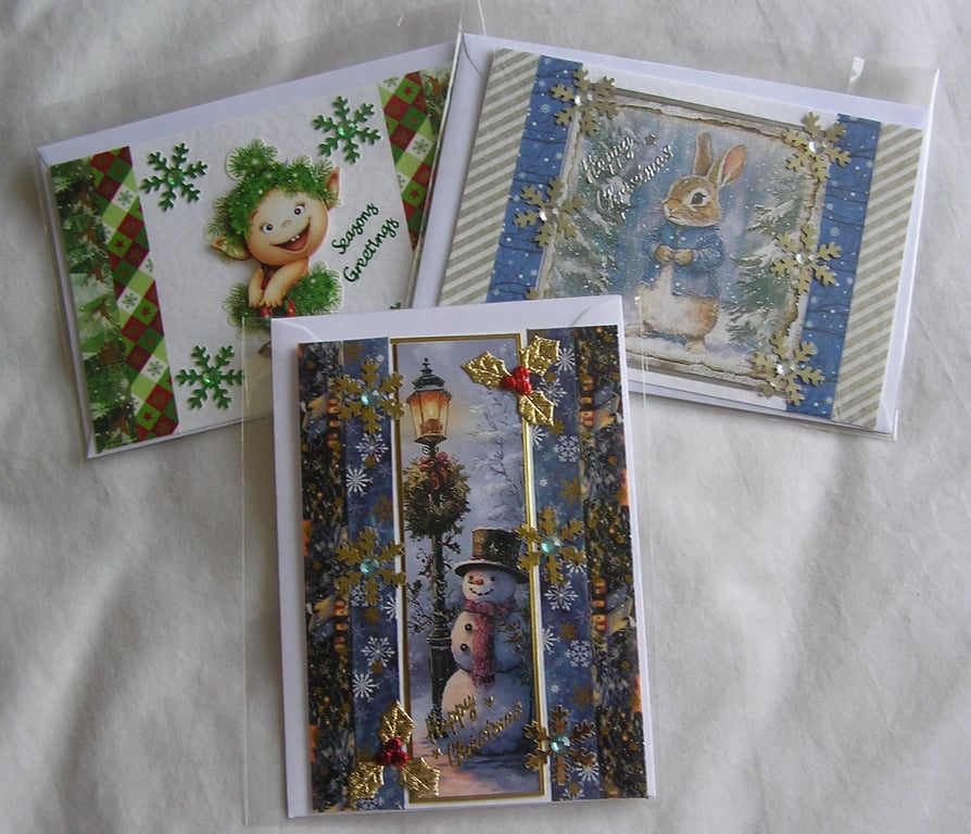 Set of 3 (Three) Beautiful Hand-Crafted Christmas Decoupage Greeting Cards (q)