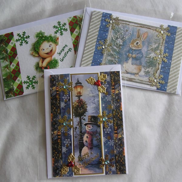 Set of 3 (Three) Beautiful Hand-Crafted Christmas Decoupage Greeting Cards (q)