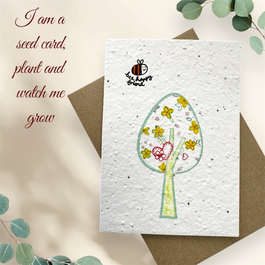 Seed card, blank with abstract tree and bee happy friend. Plantable eco scandi 