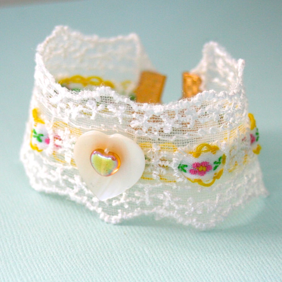White lace and ribbon cuff bracelet