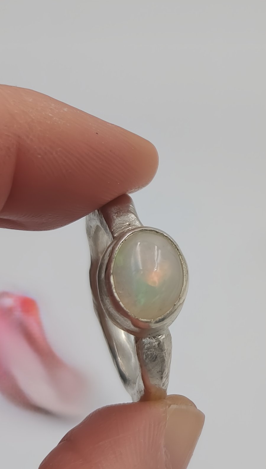 Handmade Silver Ring with White Ethiopian Opal : Size N