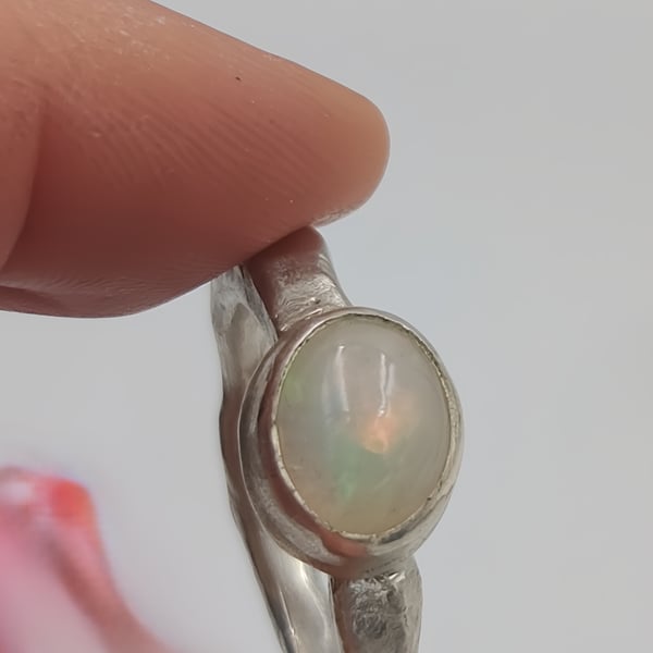 Handmade Silver Ring with White Ethiopian Opal : Size N