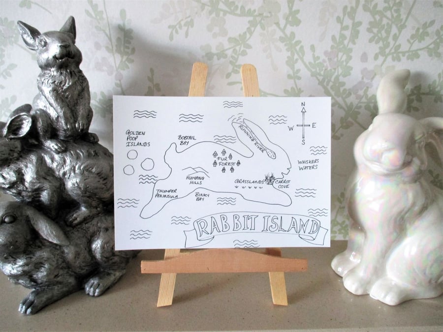 SALE A5 Print Bunny Rabbit Island Cartoon Map Bunnies Monochrome Picture Art